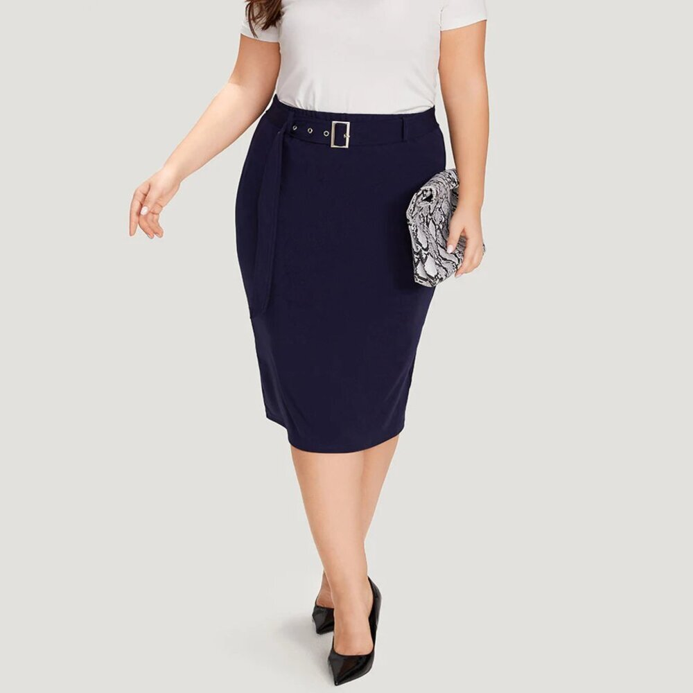 BloomChic Blue Plain Belted Split Hem Skinny Skirt - Picture 3 of 7